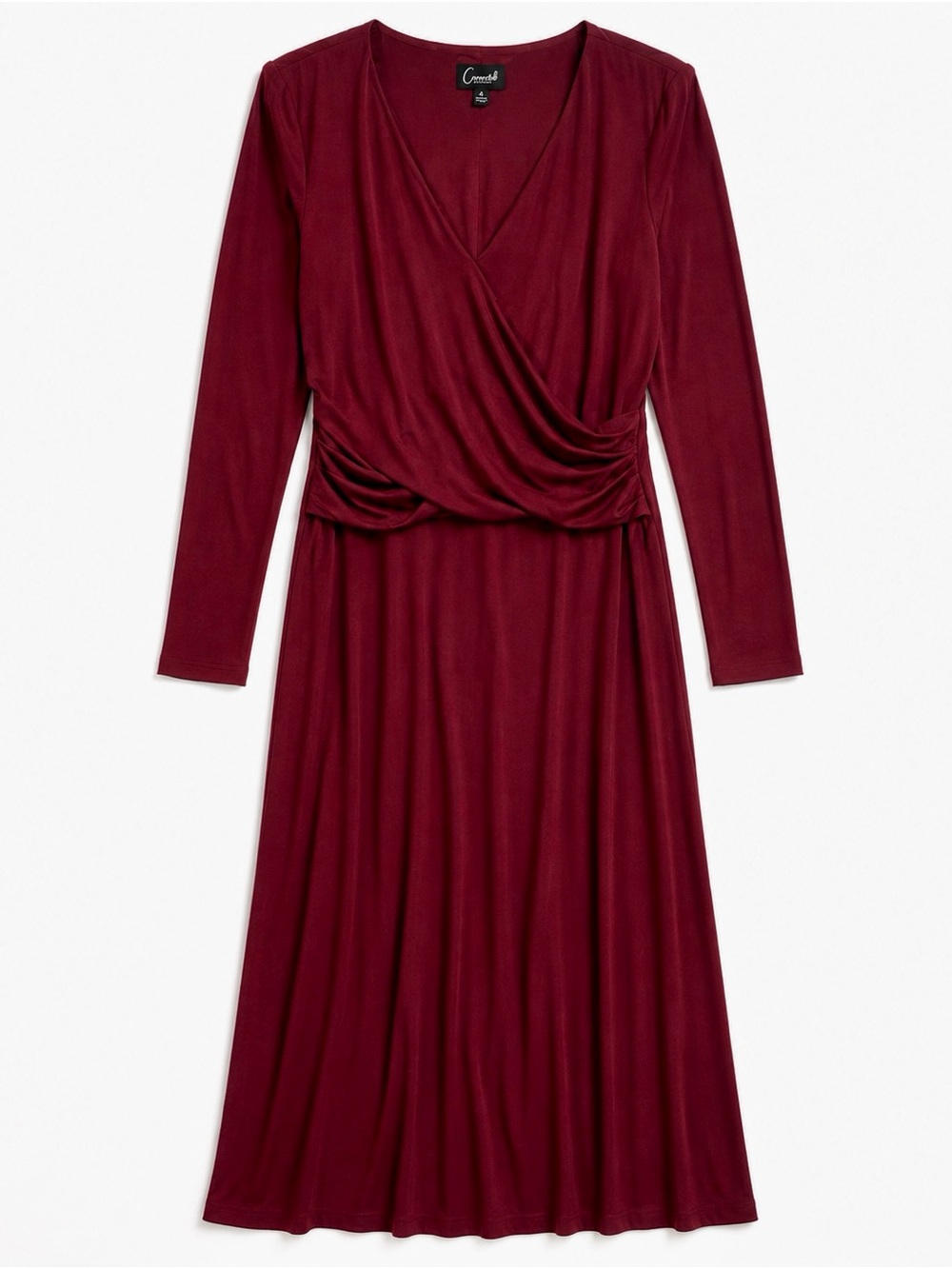 Connected Apparel Burgundy Ruched Wrap Midi Dress Long Sleeve Size 14 - Picture 2 of 6